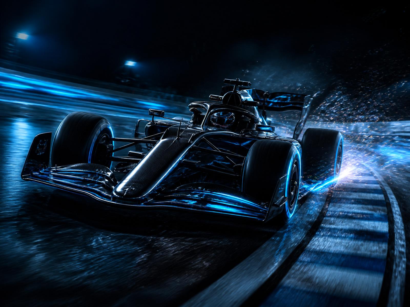 Formula race car cornering at night with blue light streaks
